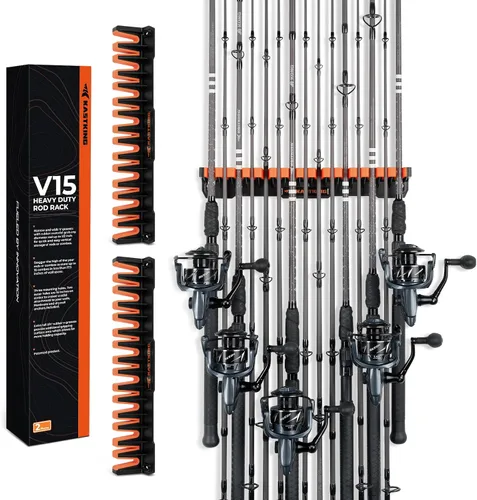 Miniatura 11 de KastKing V15HD Soporte vertical para caña de pescar resistente – Soporte para caña de pescar montado en la pared, almacena 15 cañas grandes o combos
