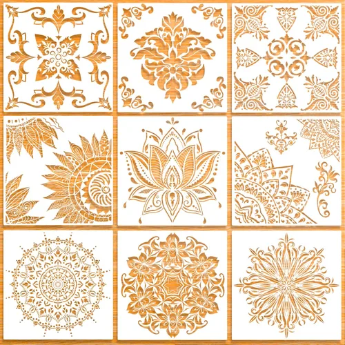 Paquete de 9 plantillas reutilizables grandes (12 x 12 pulgadas) con diseño de mandala, plantilla de pintura cortada con láser, para piso, pared,