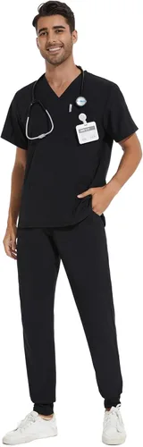 COZYFIT Conjunto de ropa quirúrgica para hombre camiseta elástica con cuello en V y pantalón deportivo con 8 bolsillos, cintura de yoga, ropa