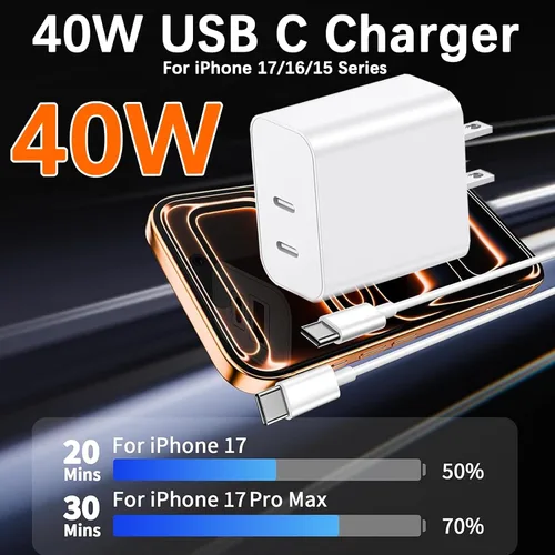 Miniatura 2 de Cargador de 40 W para iPhone 17 de carga rápida, paquete de 2 bloques de carga de pared USB C de doble puerto con cable USB C a USB C de 6 pies