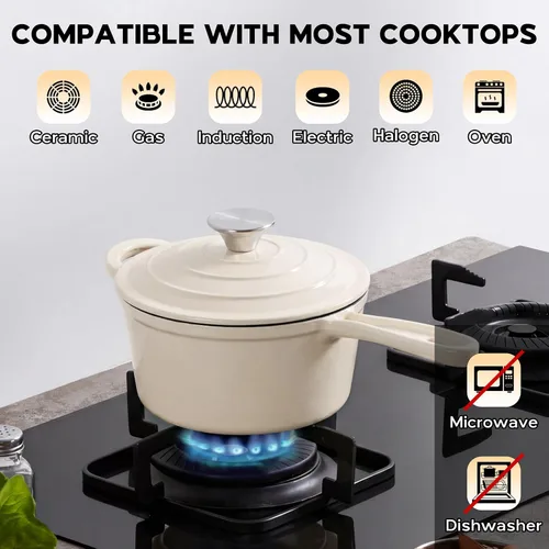 Miniatura 7 de Onader Sartén de hierro fundido esmaltado, cacerola pequeña de 1 cuarto de galón con tapa, olla de hierro fundido, horno holandés esmaltado, Blanco