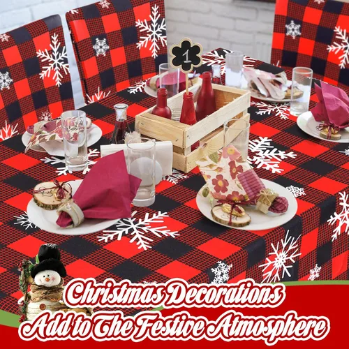Miniatura 5 de Preboun Juego de 7 manteles de Navidad para silla, fundas para sillas de Navidad, decoración rectangular a cuadros con copos de nieve, a prueba
