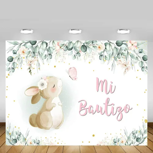 Miniatura 5 de MEHOFOND Telón de fondo de bautismo Mi Bautizo de 7 x 5 pies, Dios bendiga la primera comunión, conejito de bautizo, acuarela, rosa, floral, recién