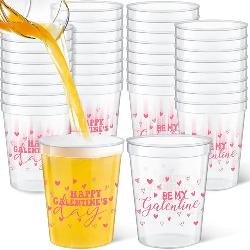 Funnymoom 24 vasos de regalo del Día Galentino de 16 onzas, reutilizables, gruesos, para fiesta de San Valentín, vasos de plástico transparente rosa