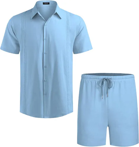 Miniatura 4 de COOFANDY Conjunto de 2 piezas de lino para hombre, camisa con botones y pantalones cortos