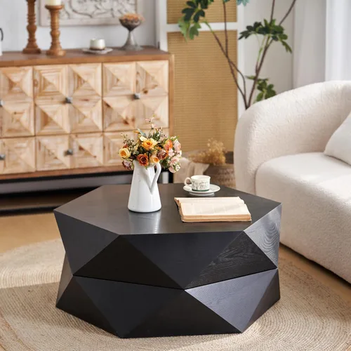 Miniatura 7 de Mesa de centro de almacenamiento de 36.61 pulgadas, moderna mesa de centro de madera rústica con chapa de madera maciza, mesa de té grande y única
