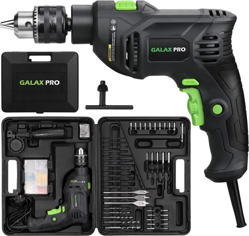 GALAX PRO Taladro martillo de 5 amperios de 1/2 pulgada con 105 accesorios, velocidad variable 0-3000, martillo y taladro 2 funciones en 1, mango