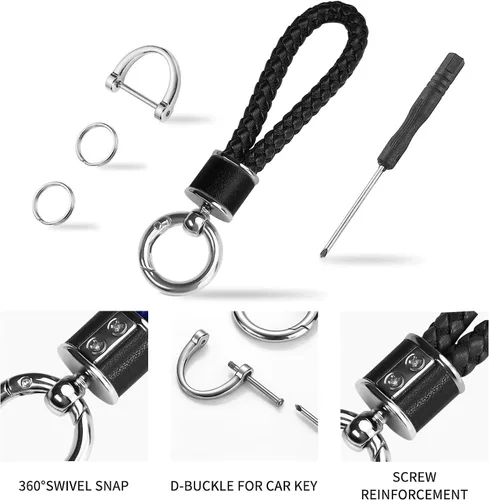 Miniatura 4 de Tukellen Llavero de tejido de cuero para automóvil, llavero de regalo para mujer, con anillo en D giratorio de 360 grados y destornillador