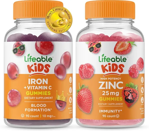 Lifeable Iron & Vitamin C Kids + Zinc 25mg Kids - Paquete de gomitas de gran sabor, suplemento vitamínico, sin gluten, sin OMG, gomita masticable