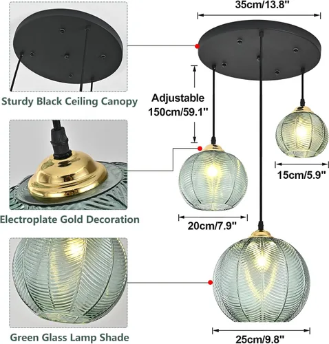 Miniatura 2 de KCO Iluminación Lámpara de araña vintage de vidrio verde 3 accesorios de luz colgante Lámpara colgante de vidrio rayado de granja Lámparas colgantes