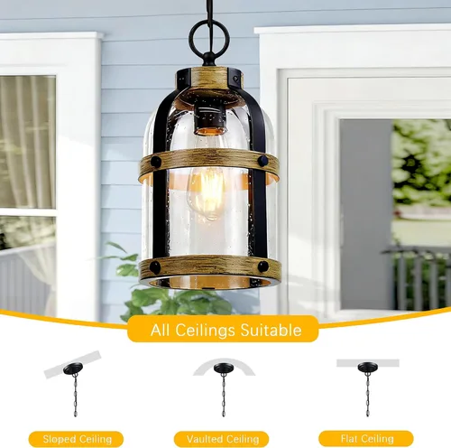 Miniatura 3 de Lámpara colgante para exteriores para porche, moderna linterna colgante exterior con cadena ajustable, acabado de grano negro y madera con vidrio