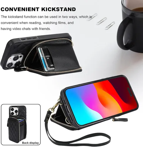 Miniatura 6 de Bocasal Funda tipo cartera cruzada para iPhone 15 Pro Max, con bloqueo RFID, de piel sintética, con cremallera, funda tipo cartera con función atril