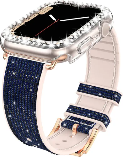 Goton Bling - Correa de silicona brillante compatible con Apple Watch de 1.772 pulgadas (45mm) con protector de borde [sin vidrio], correa que
