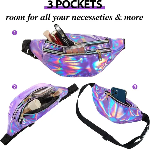 Miniatura 4 de Riñonera holográfica de 3 piezas para mujeres, hombres y niños, cintura deportiva de color metálico con bolsas y cinturón ajustable, paquete