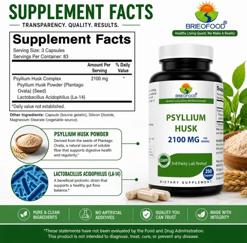 Miniatura 2 de Brieofood Suplemento de fibra de cáscara de psyllium con Lactobaciilus Acidophillus (La-14) – 2100 mg por porción – 250 cápsulas – Ayuda a apoyar