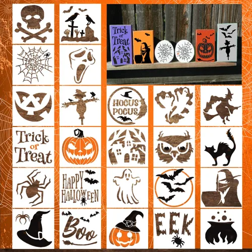 24 plantillas de Halloween para pintar sobre madera (3 x 3 pulgadas), manualidades reutilizables de vacaciones y otoño para adornos de bricolaje,