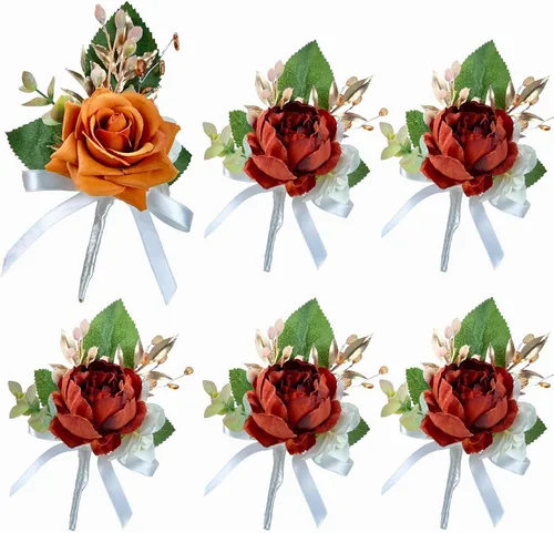 CherishedMoments Boutonniere naranja quemado para hombre, juego de 6 flores de boda para novio y padrino, decoración de boda vintage de otoño para