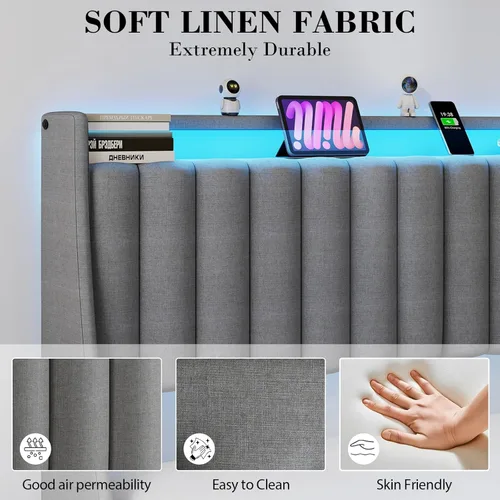 Miniatura 4 de Base de cama matrimonial con 2 cajones de almacenamiento, base de cama de plataforma tamaño matrimonial con luz LED, cabecera tapizada, estación