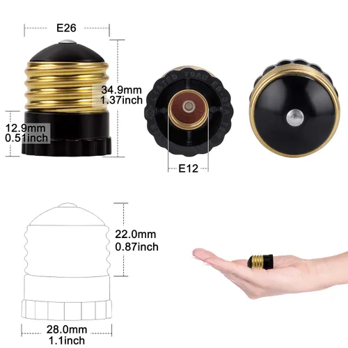 Miniatura 3 de DiCUNO Adaptador de enchufe E26 a E12 con certificación UL, negro, estándar (mediano) base E26 a candelabro E12 convertidor de enchufe de luz