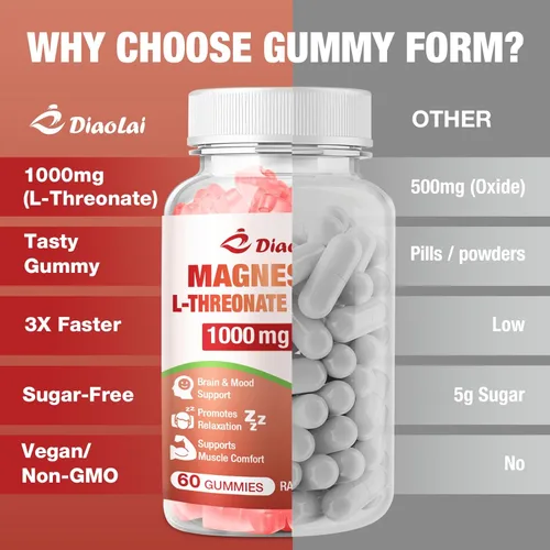 Miniatura 5 de Gomitas de magnesio L-treonato de 1000 mg - Suplemento cerebral para memoria y concentración para adultos y niños - Sin azúcar, sin OMG, sabor a