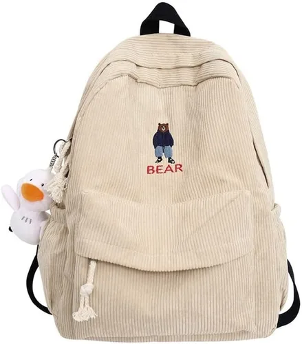 Miniatura 4 de YUESUO Mochila grande de pana Kawaii con bonito colgante de oso, bolsa vintage para niñas, estudiantes, mochila escolar, mochila para libros, Negro