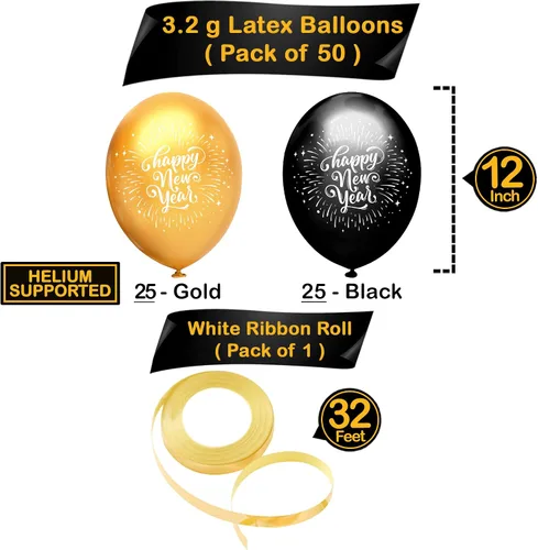 Miniatura 3 de KatchOn, Globos negros y dorados de Año Nuevo 2026 – Paquete de 50 Globos de látex de Feliz Año Nuevo Globo de látex dorado y negro