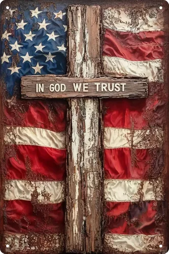 Bandera patriótica estadounidense con texto en inglés «In God We Trust» y letrero de cruz de 8 x 12 pulgadas, decoración de pared cristiana vintage