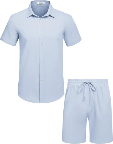 Miniatura 4 de COOFANDY Conjunto de 2 piezas de algodón y lino para hombre, camisas de manga corta con botones, pantalones cortos de playa de verano, trajes