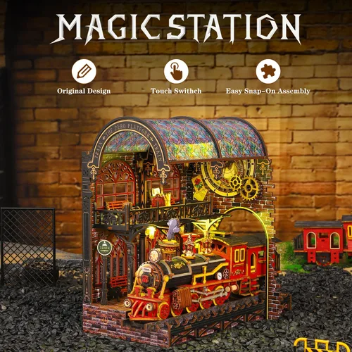 Miniatura 6 de Kit de rincón de libro, kit de casa en miniatura para adultos, rompecabezas LED 3D estación mágica, kit de rincón de libros, fabricado en madera