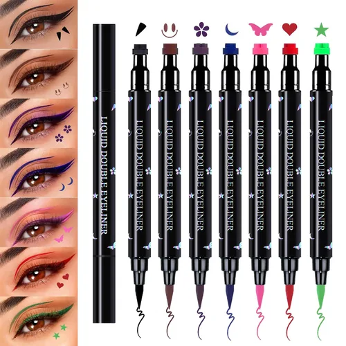 Juego de lápices sellos delineadores de ojos de doble punta de 7 colores, bolígrafo sello de delineador de ojos alado líquido facial impermeable a