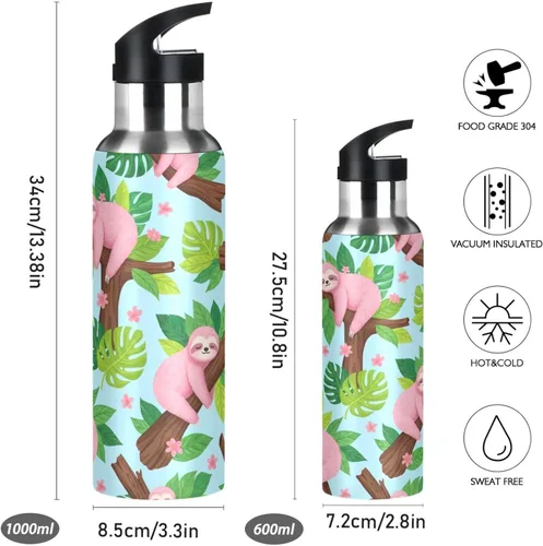 Miniatura 2 de Insulated Water Bottle 32 Oz, Leakproof Water Bottles for Gym Outdoor Travel School, Cute Pink Sloths Green Leaves