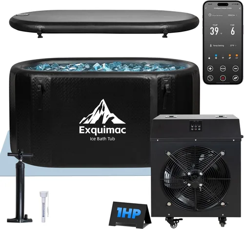 Bañera de hielo con enfriador de agua de 1 HP, bañera inflable de inmersión fría de 216 galones con termómetro y alfombrilla absorbente de agua,