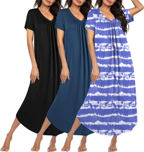 Miniatura 13 de Ekouaer Paquete de 3 camisones largos para mujer, talla grande, vestido de casa de manga corta, cuello en V, camisón casual, M-5XL