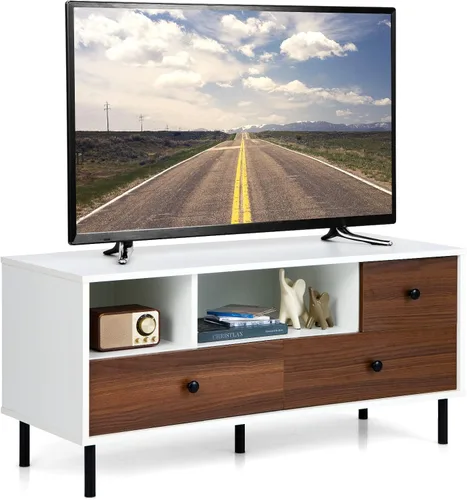 GOFLAME Soporte de TV para TV de hasta 50 pulgadas, moderno centro de entretenimiento con 3 cajones y 2 estantes de almacenamiento abiertos, mueble