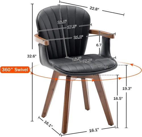 Miniatura 2 de LUNLING Sillas de comedor giratorias, sillas de cocina modernas de cuero sintético negro de mediados de siglo con brazos, patas de bambú, sillas