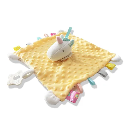 Manta de seguridad de unicornio amarillo con etiquetas, juguetes mordedores, manta de peluche suave con lunares minky para bebé, manta para