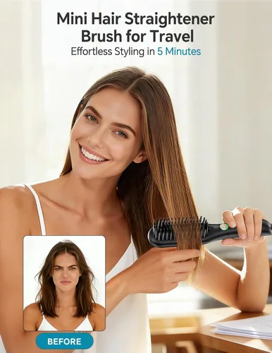 Miniatura 2 de LANDOT Mini cepillo alisador de pelo, peine iónico calentado para un estilo sin encrespamiento, peine compacto de doble voltaje para cabello corto