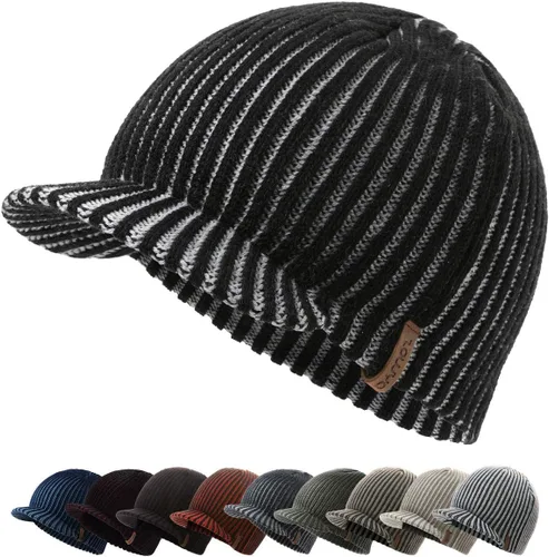 zowya Gorro con visera de invierno para hombres y mujeres, gorro de punto calavera, gorra gruesa y vintage de contraste, 1 sombrero
