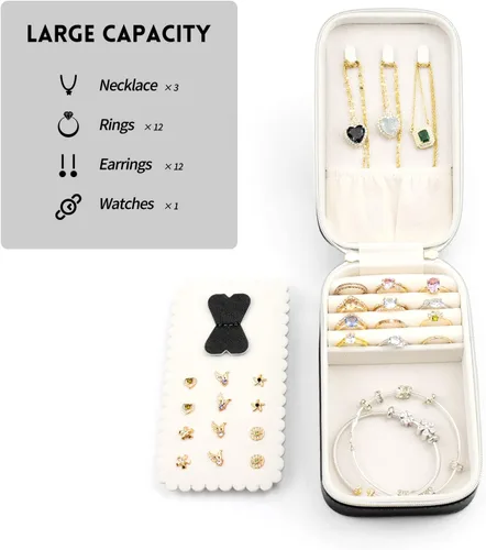Miniatura 3 de SANQIANWAN Pequeña caja organizadora de viaje de joyería con estuche portátil de piel sintética para collares, anillos, aretes, diseño de borlas