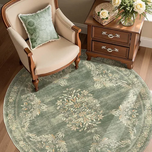 Miniatura 176 de Jinchan Fiora - Alfombra redonda de 8 pies, alfombras vintage con diseño floral envejecido, lavable a máquina, antideslizante, de pelo bajo, Azul