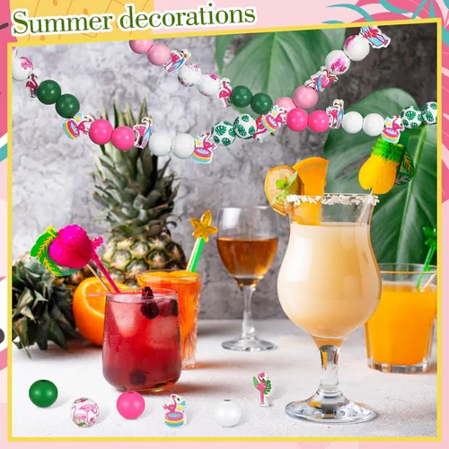 Miniatura 4 de Tradder 200 cuentas redondas de verano de flamenco, cuentas de madera con hojas de palma pulidas hawaianas tropicales para hacer joyas, manualidades