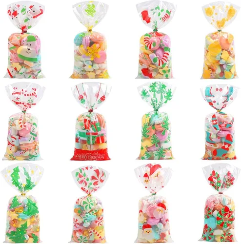 CCINEE Bolsas de celofán de Navidad, bolsas de golosinas surtidas de Navidad con lazos torcidos, bolsas de galletas de caramelo para suministros de