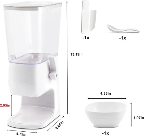 Miniatura 5 de Dispensador de cereales para encimera con cuencos, cucharas, caja de cubiertos, contenedores de cereales de 3.2 L, dispensador de aperitivos para 1