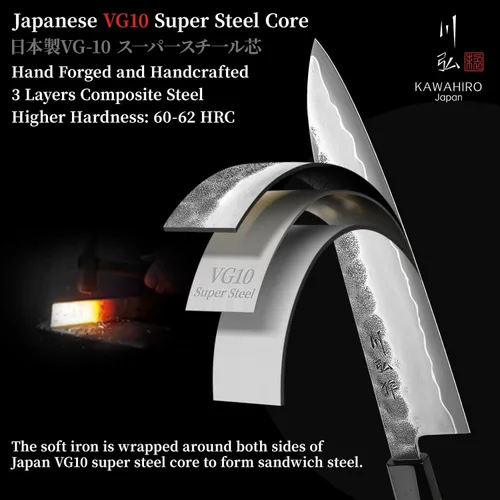 Miniatura 4 de Cuchillo de chef japonés KAWAHIRO, cuchillo de cocina forjado negro de 210mm VG10, cuchillo de chef profesional hecho a mano con mango ergonómico
