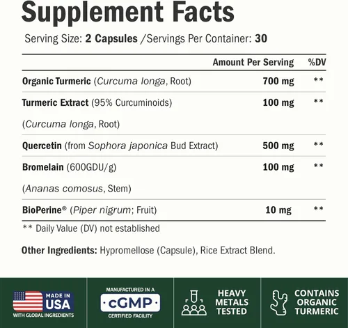 Miniatura 2 de Suplemento de quercetina con bromelina y cúrcuma - Quercetina 500 mg Cápsulas con curcumina y bromelina en polvo para alergias y apoyo articular.