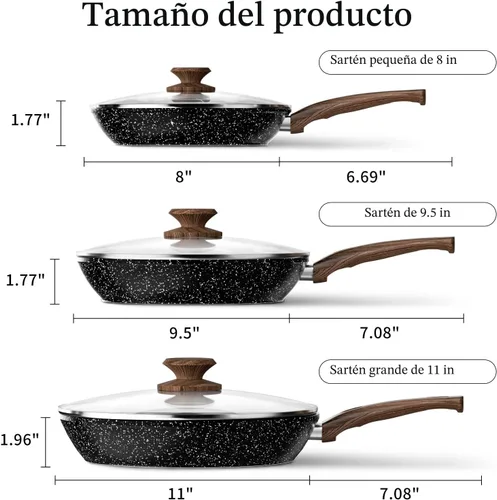 Miniatura 8 de Juego de sartén – 3 sartenes antiadherentes con tapas, sin PFOA, compatible con inducción, color negro
