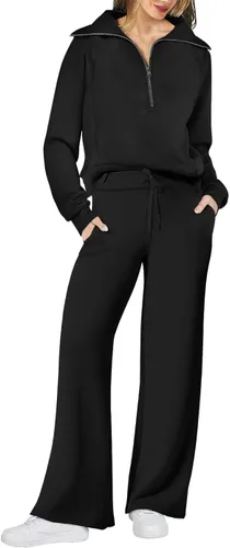 XIEERDUO Conjuntos de descanso para mujer 2023 sudadera de gran tamaño con media cremallera y pantalón deportivo de pierna ancha de 2 piezas