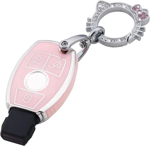 Pangpai Funda de Llavero Rosa para Mercedes Benz, Protección de Funda de Llave de TPU Suave con Llavero Brillante Compatible con Clase C E S M CLS