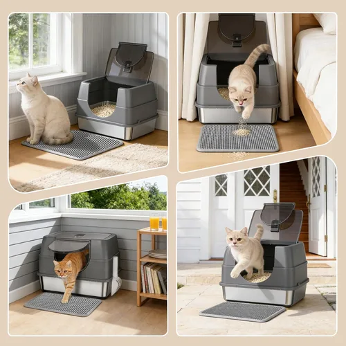 Miniatura 8 de Caja de arena de acero inoxidable con tapa, caja de arena grande cerrada para gatos y gatos múltiples, tapa abatible fácil de limpiar, bandeja