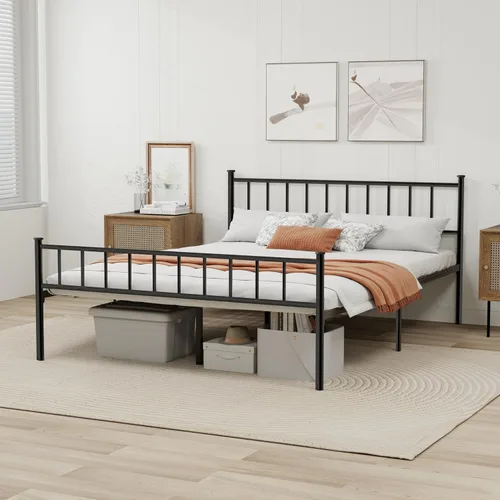 Miniatura 3 de Base de cama de plataforma metálica tamaño matrimonial con cabecero, soporte de listones de acero resistente, no necesita somier, fácil de montar